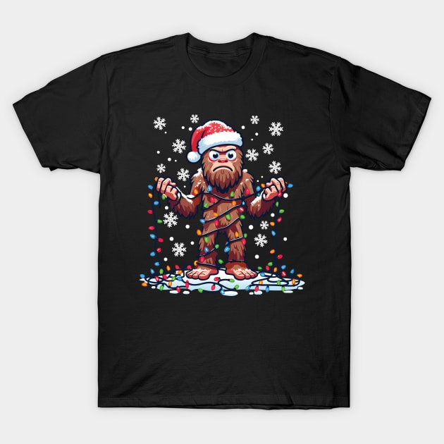Funny Bigfoot Santa Christmas Lights Mishap T-Shirt by Graphic Duster